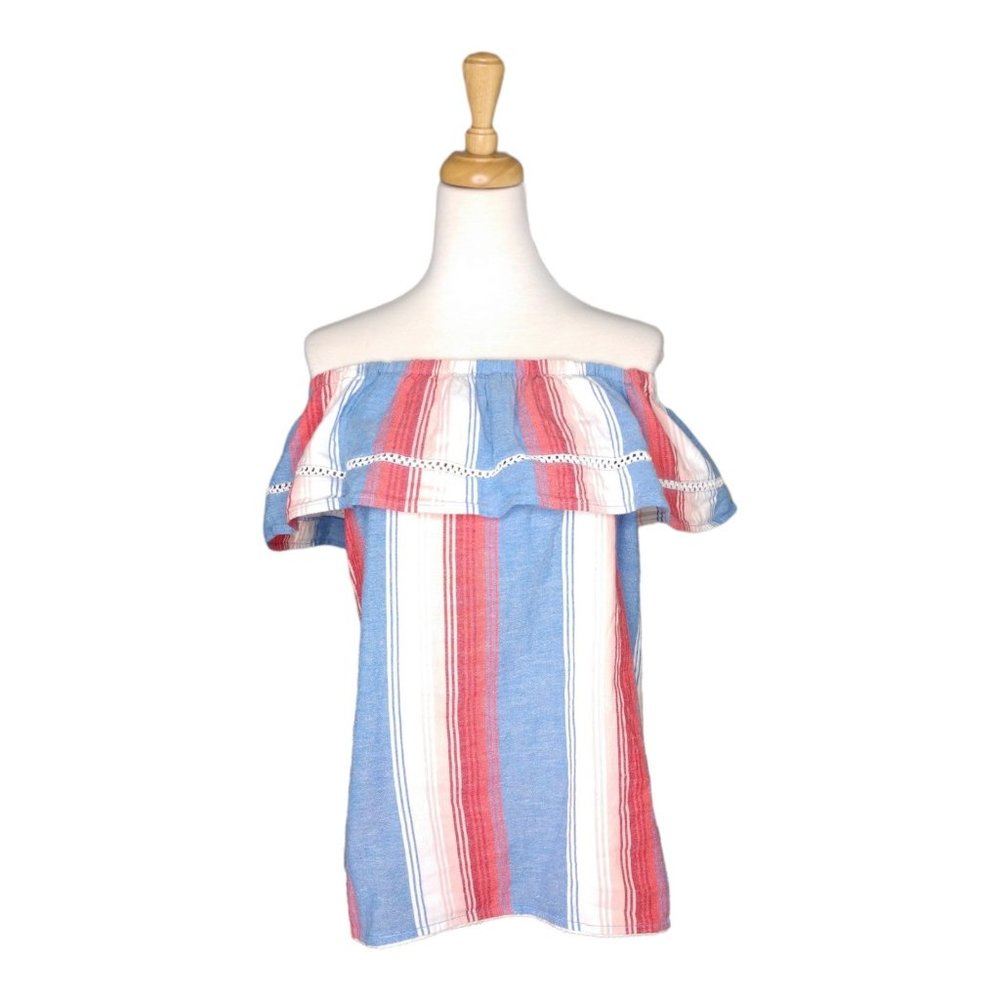 100% Cotton Off the Shoulder Striped Ruffle Top Red White Blue Pink Size L
